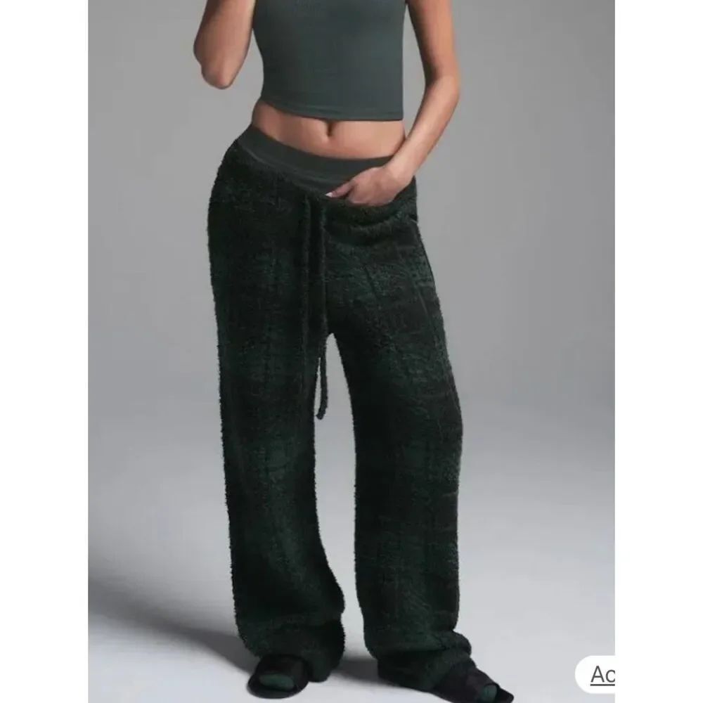 Skims Cozy Knit Fuzzy Plaid Pants Green Black Women’s Medium